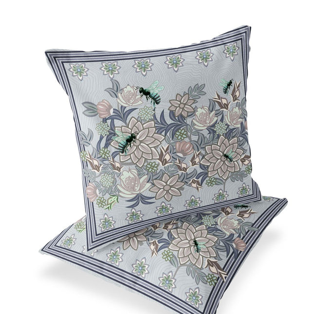 Set of Two Gray Purple Brown And Green Bee Floral Indoor Outdoor Throw Pillow