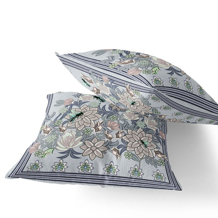Set of Two Gray Purple Brown And Green Bee Floral Indoor Outdoor Throw Pillow