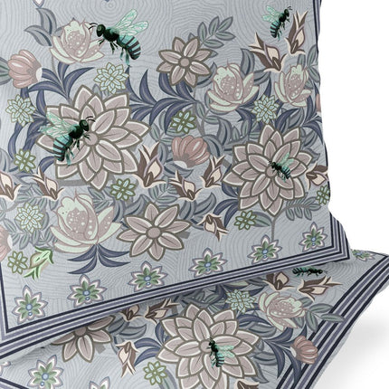 Set of Two Gray Purple Brown And Green Bee Floral Indoor Outdoor Throw Pillow