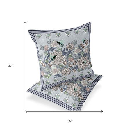 Set of Two Gray Purple Brown And Green Bee Floral Indoor Outdoor Throw Pillow HomeRoots