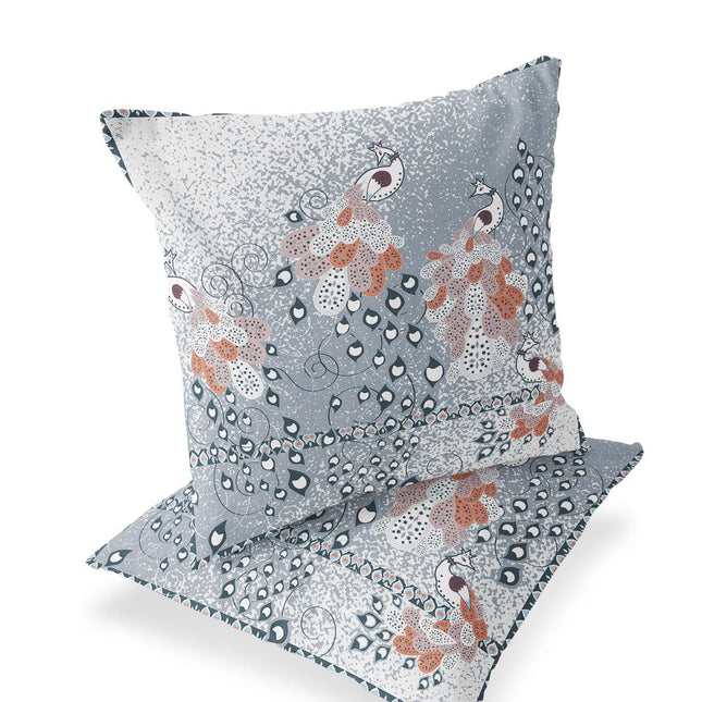 Set of Two Gray Blue And Orange Peacock Indoor Outdoor Throw Pillow