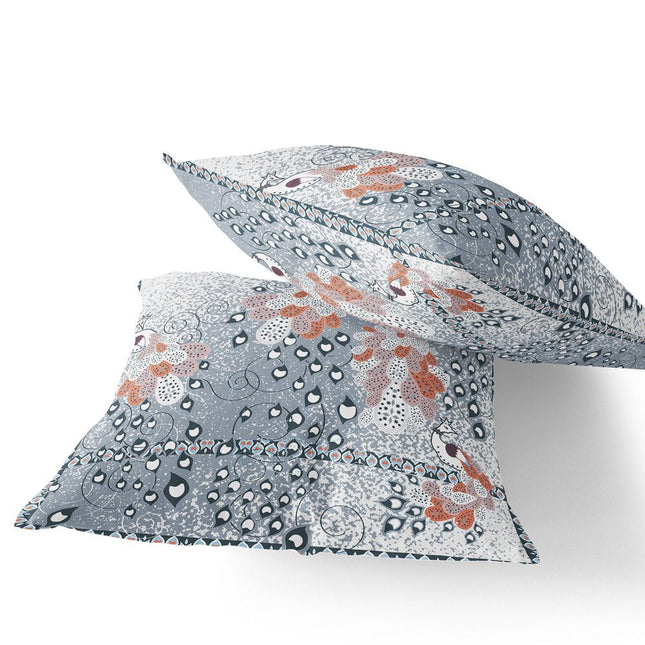Set of Two Gray Blue And Orange Peacock Indoor Outdoor Throw Pillow HomeRoots