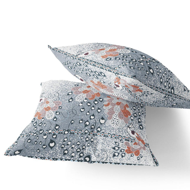 Set of Two Gray Blue And Orange Peacock Indoor Outdoor Throw Pillow