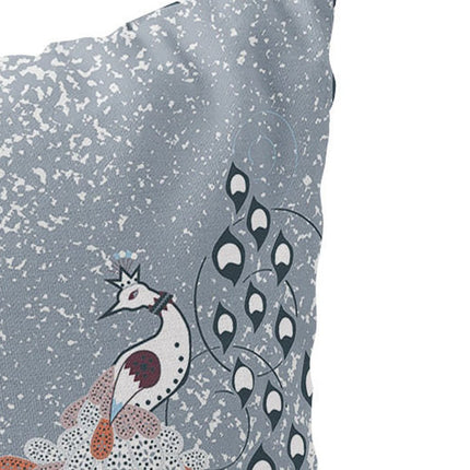 Set of Two Gray Blue And Orange Peacock Indoor Outdoor Throw Pillow
