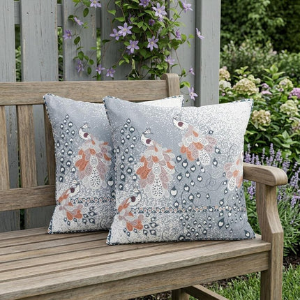 Set of Two Gray Blue And Orange Peacock Indoor Outdoor Throw Pillow