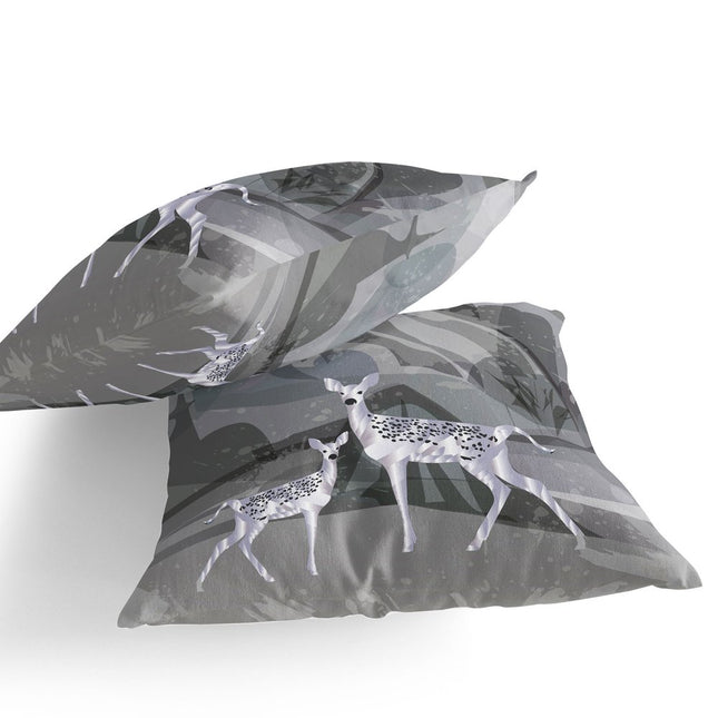 Set of Two Silver And Black Deer Indoor Outdoor Throw Pillow