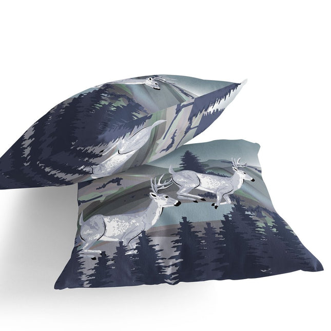 Set of Two Gray And Blue Reindeer Indoor Outdoor Throw Pillow