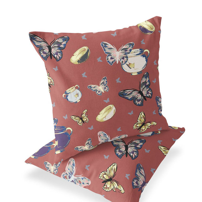 Set of Two Orange Blue Lavender And Cream Butterfly Indoor Outdoor Throw Pillow