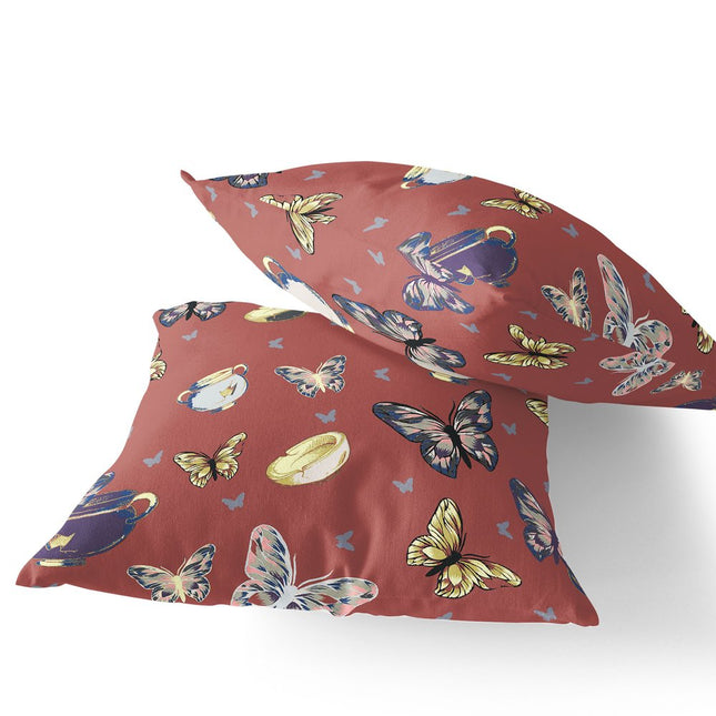 Set of Two Orange Blue Lavender And Cream Butterfly Indoor Outdoor Throw Pillow