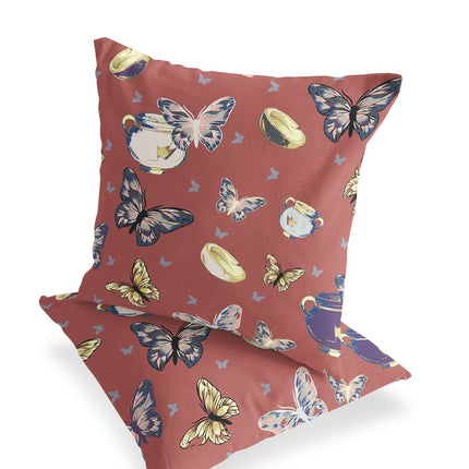 Set of Two Orange Blue Lavender And Cream Butterfly Indoor Outdoor Throw Pillow HomeRoots