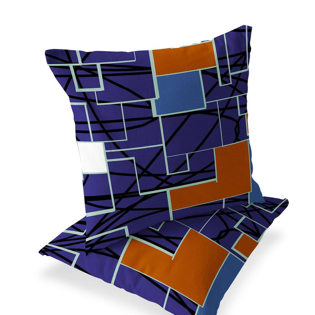 Set of Two Navy Blue Red Blue And White Geometric Indoor Outdoor Throw Pillow