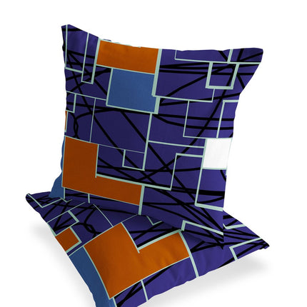 Set of Two Navy Blue Red Blue And White Geometric Indoor Outdoor Throw Pillow