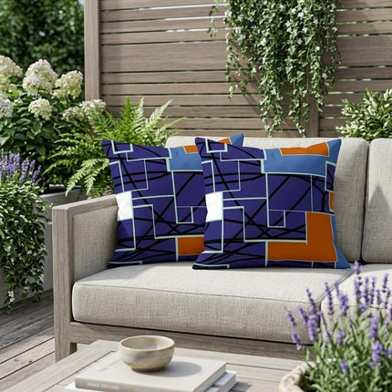 Set of Two Navy Blue Red Blue And White Geometric Indoor Outdoor Throw Pillow