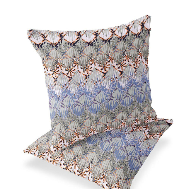 Set of Two Purple Gray Blue And Orange Ikat Indoor Outdoor Throw Pillow