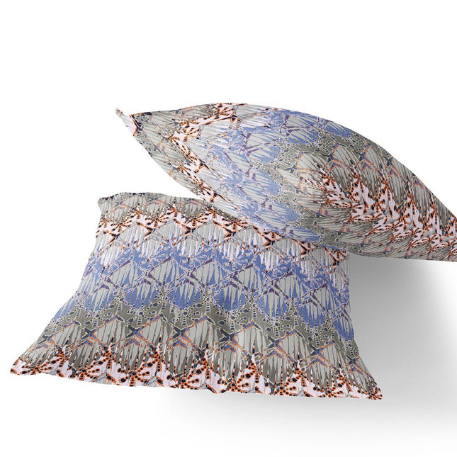 Set of Two Purple Gray Blue And Orange Ikat Indoor Outdoor Throw Pillow