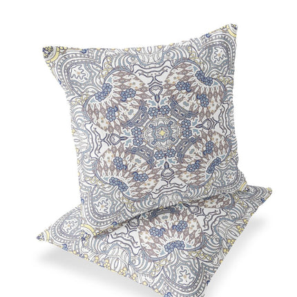 Set of Two Yellow Gray And Cream Eclectic Indoor Outdoor Throw Pillow