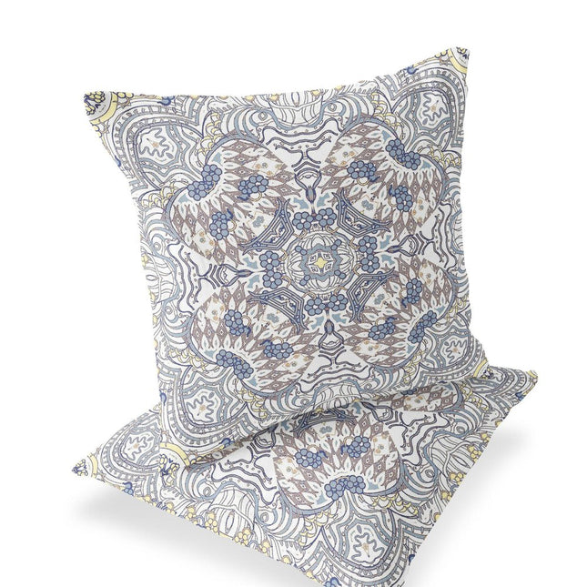Set of Two Yellow Gray And Cream Eclectic Indoor Outdoor Throw Pillow