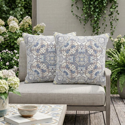 Set of Two Yellow Gray And Cream Eclectic Indoor Outdoor Throw Pillow