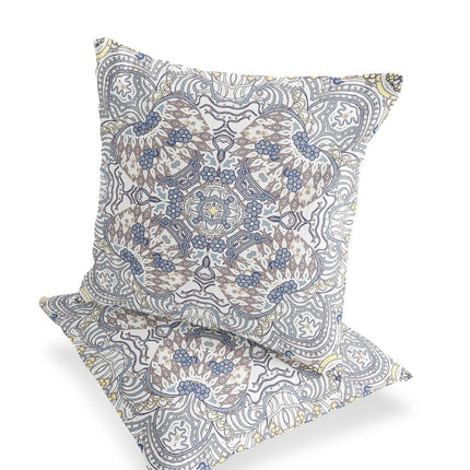 Set of Two Yellow Gray And Cream Eclectic Indoor Outdoor Throw Pillow