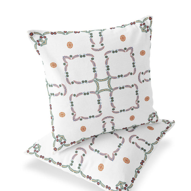 Set of Two White And Green Floral Indoor Outdoor Throw Pillow