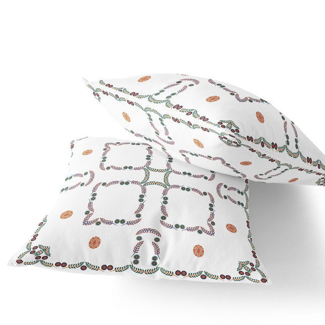 Set of Two White And Green Floral Indoor Outdoor Throw Pillow