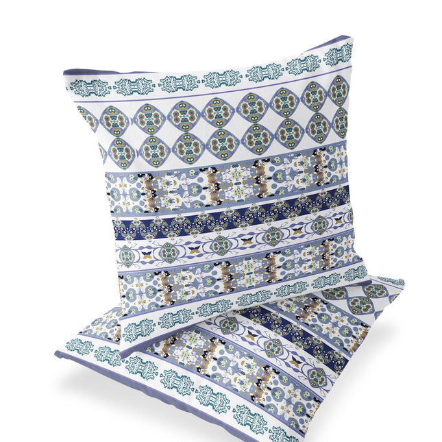 Set of Two Navy Blue Teal Blue And White Floral Indoor Outdoor Throw Pillow