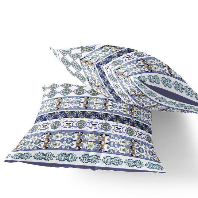 Set of Two Navy Blue Teal Blue And White Floral Indoor Outdoor Throw Pillow