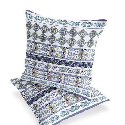 Set of Two Navy Blue Teal Blue And White Floral Indoor Outdoor Throw Pillow HomeRoots