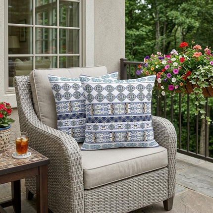 Set of Two Navy Blue Teal Blue And White Floral Indoor Outdoor Throw Pillow
