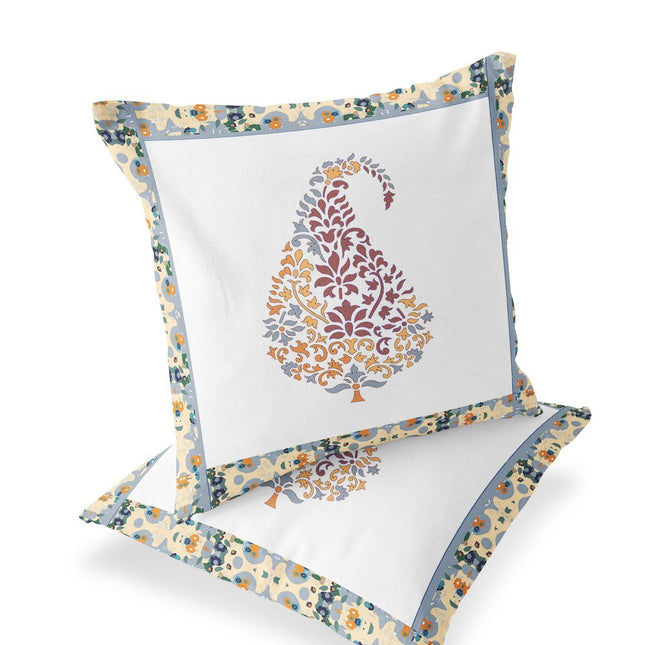 Set of Two Orange Red And White Botanical Indoor Outdoor Throw Pillow