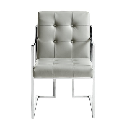 Set of Two Tufted Light Gray and Silver Metallic Upholstered Faux Leather Dining Arm Chairs HomeRoots