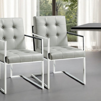 Set of Two Tufted Light Gray and Silver Metallic Upholstered Faux Leather Dining Arm Chairs HomeRoots