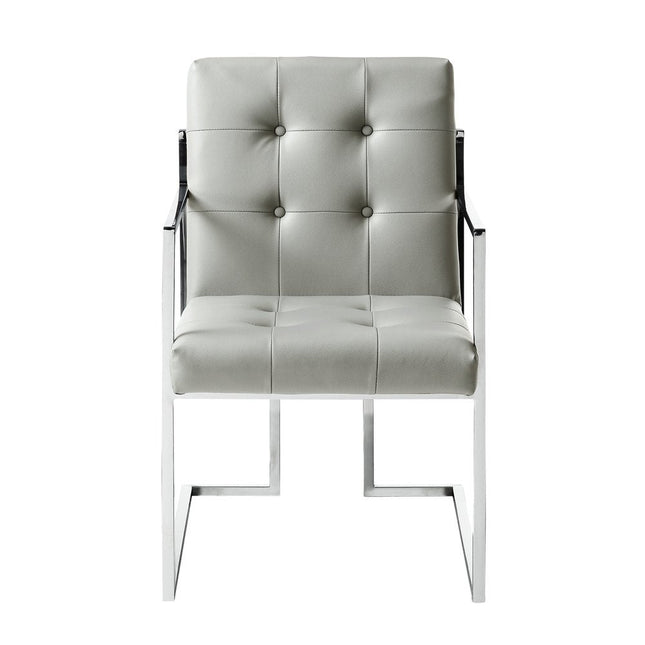 Set of Two Tufted Light Gray and Silver Metallic Upholstered Faux Leather Dining Arm Chairs HomeRoots