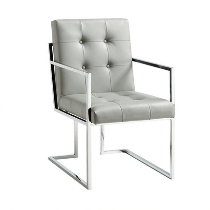 Set of Two Tufted Light Gray and Silver Metallic Upholstered Faux Leather Dining Arm Chairs HomeRoots