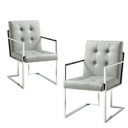 Set of Two Tufted Light Gray and Silver Metallic Upholstered Faux Leather Dining Arm Chairs HomeRoots
