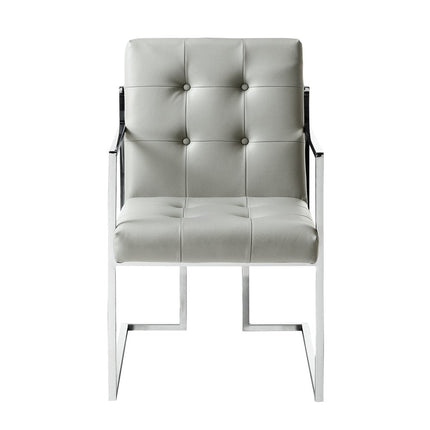 Set of Two Tufted Light Gray and Silver Metallic Upholstered Faux Leather Dining Arm Chairs HomeRoots