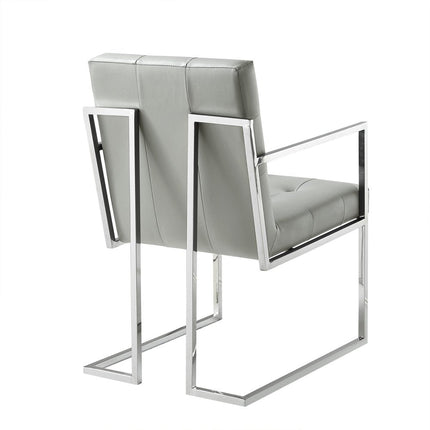 Set of Two Tufted Light Gray and Silver Metallic Upholstered Faux Leather Dining Arm Chairs HomeRoots
