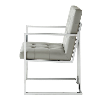 Set of Two Tufted Light Gray and Silver Metallic Upholstered Faux Leather Dining Arm Chairs HomeRoots