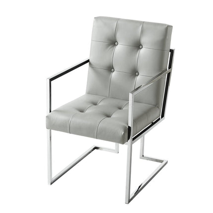 Set of Two Tufted Light Gray and Silver Metallic Upholstered Faux Leather Dining Arm Chairs HomeRoots
