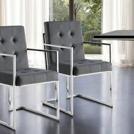 Set of Two Tufted Gray and Silver Metallic Upholstered Velvet Dining Arm Chairs HomeRoots