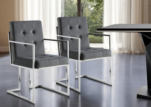 Set of Two Tufted Gray and Silver Metallic Upholstered Velvet Dining Arm Chairs HomeRoots