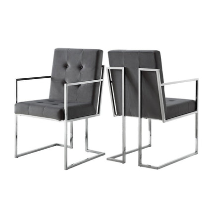 Set of Two Tufted Gray and Silver Metallic Upholstered Velvet Dining Arm Chairs HomeRoots