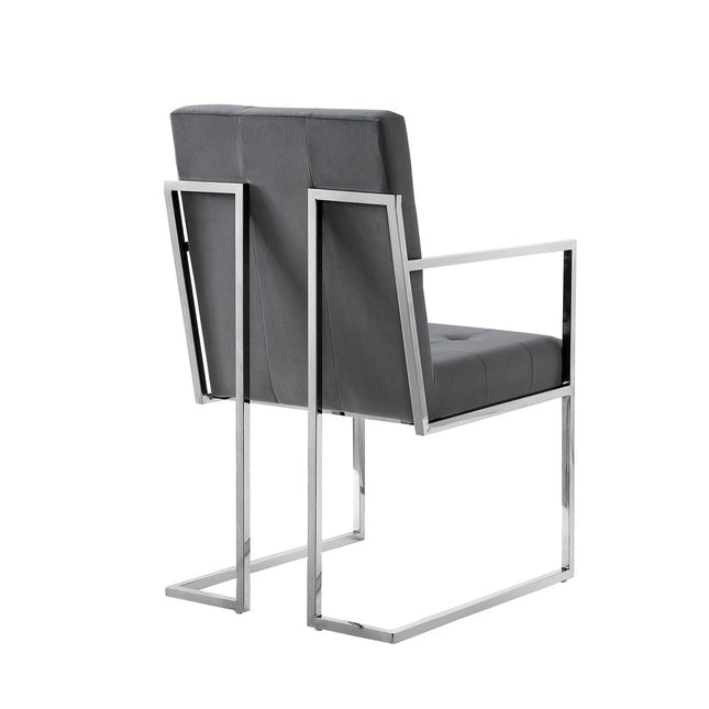 Set of Two Tufted Gray and Silver Metallic Upholstered Velvet Dining Arm Chairs HomeRoots