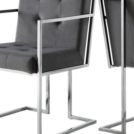 Set of Two Tufted Gray and Silver Metallic Upholstered Velvet Dining Arm Chairs HomeRoots