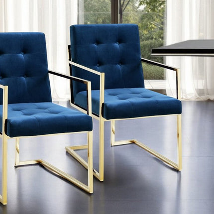 Set of Two Tufted Navy Blue and Gold Upholstered Velvet Dining Arm Chairs HomeRoots