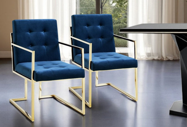 Set of Two Tufted Navy Blue and Gold Upholstered Velvet Dining Arm Chairs HomeRoots