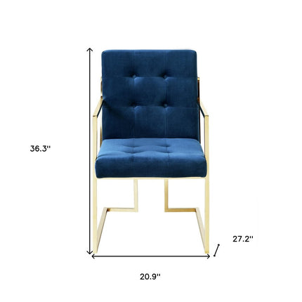 Set of Two Tufted Navy Blue and Gold Upholstered Velvet Dining Arm Chairs HomeRoots
