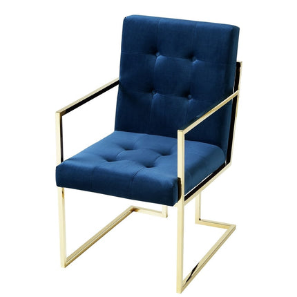 Set of Two Tufted Navy Blue and Gold Upholstered Velvet Dining Arm Chairs HomeRoots