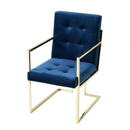 Set of Two Tufted Navy Blue and Gold Upholstered Velvet Dining Arm Chairs HomeRoots