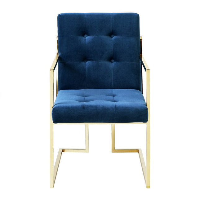 Set of Two Tufted Navy Blue and Gold Upholstered Velvet Dining Arm Chairs HomeRoots
